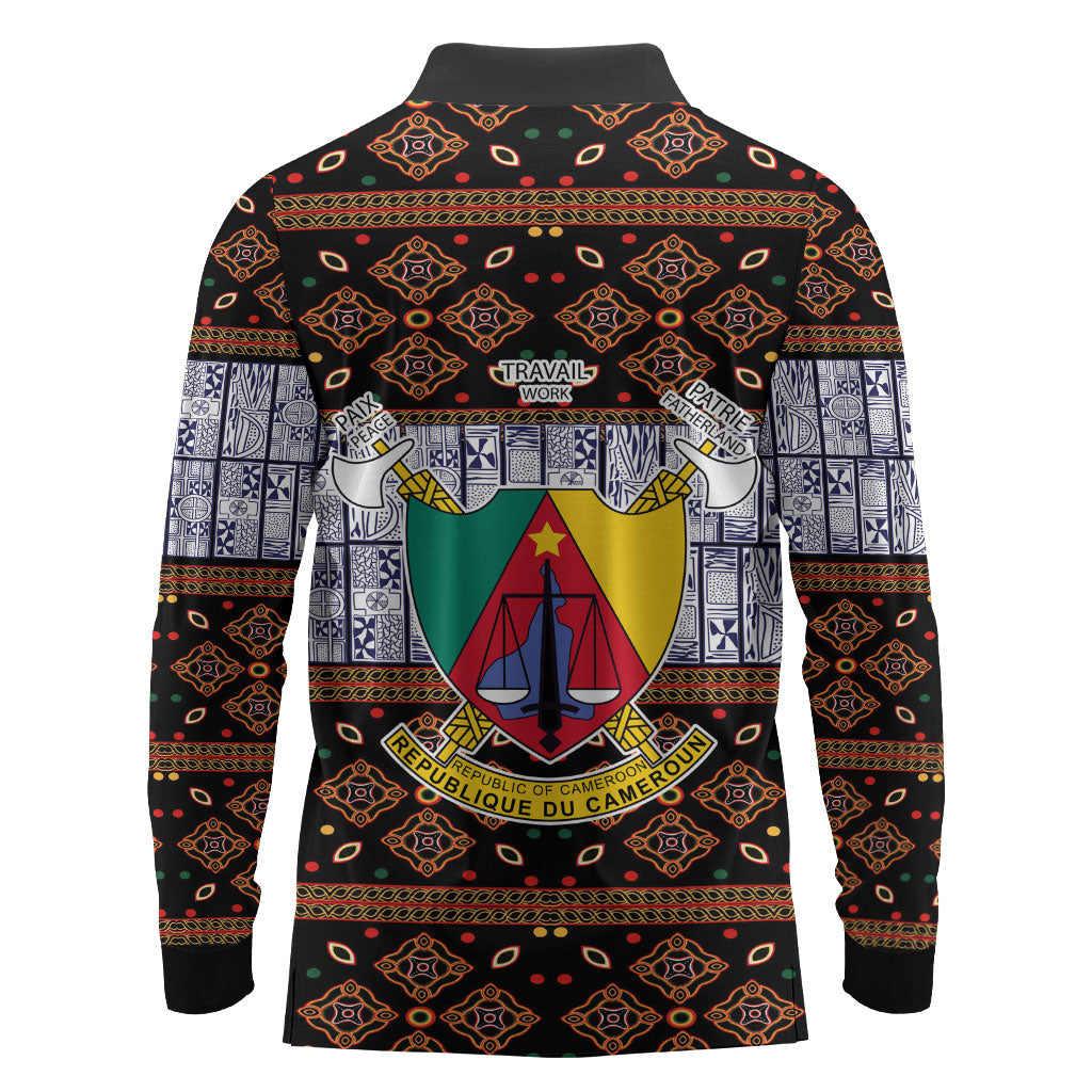 Cameroon Toghu Long Sleeve Polo Shirt Flag Coat Of Arms - Traditional Bamenda Art