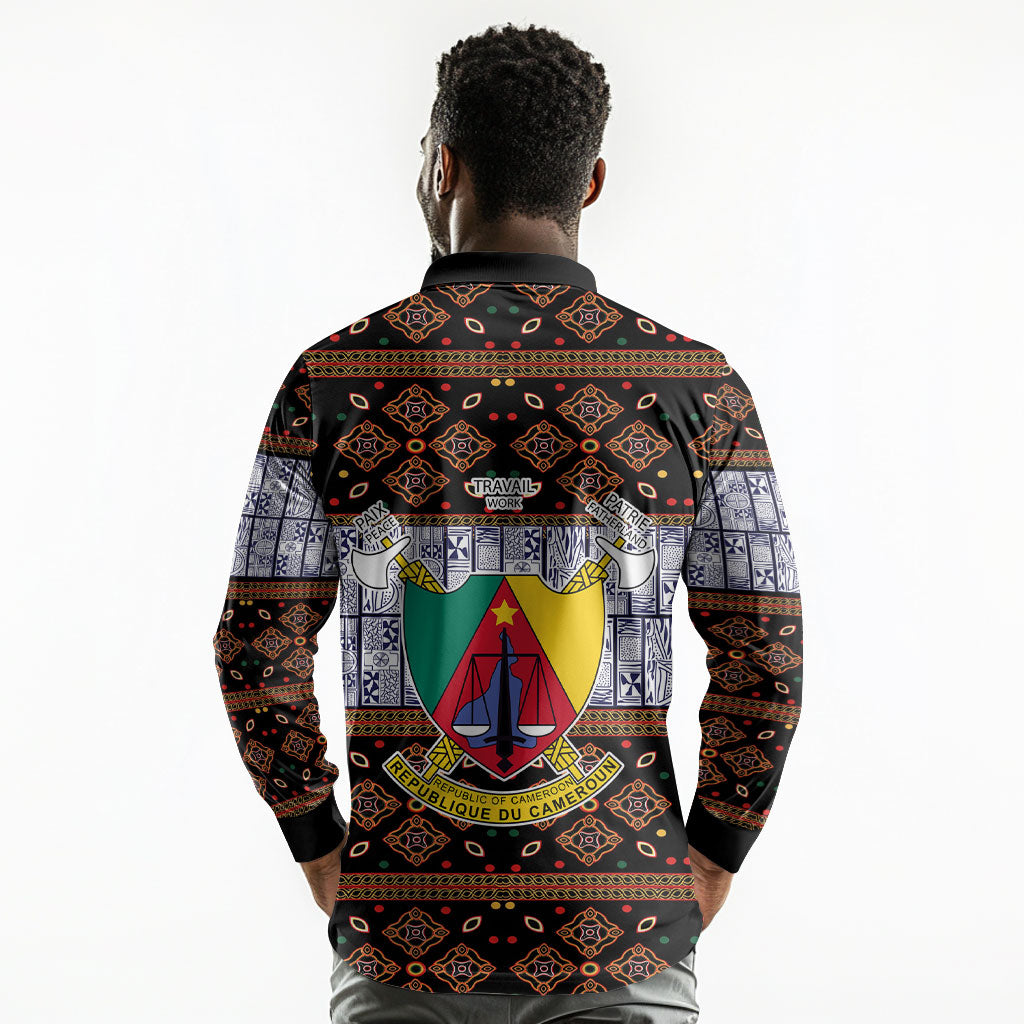 Cameroon Toghu Long Sleeve Polo Shirt Flag Coat Of Arms - Traditional Bamenda Art