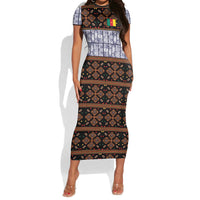 Cameroon Toghu Short Sleeve Bodycon Dress Flag Coat Of Arms - Traditional Bamenda Art