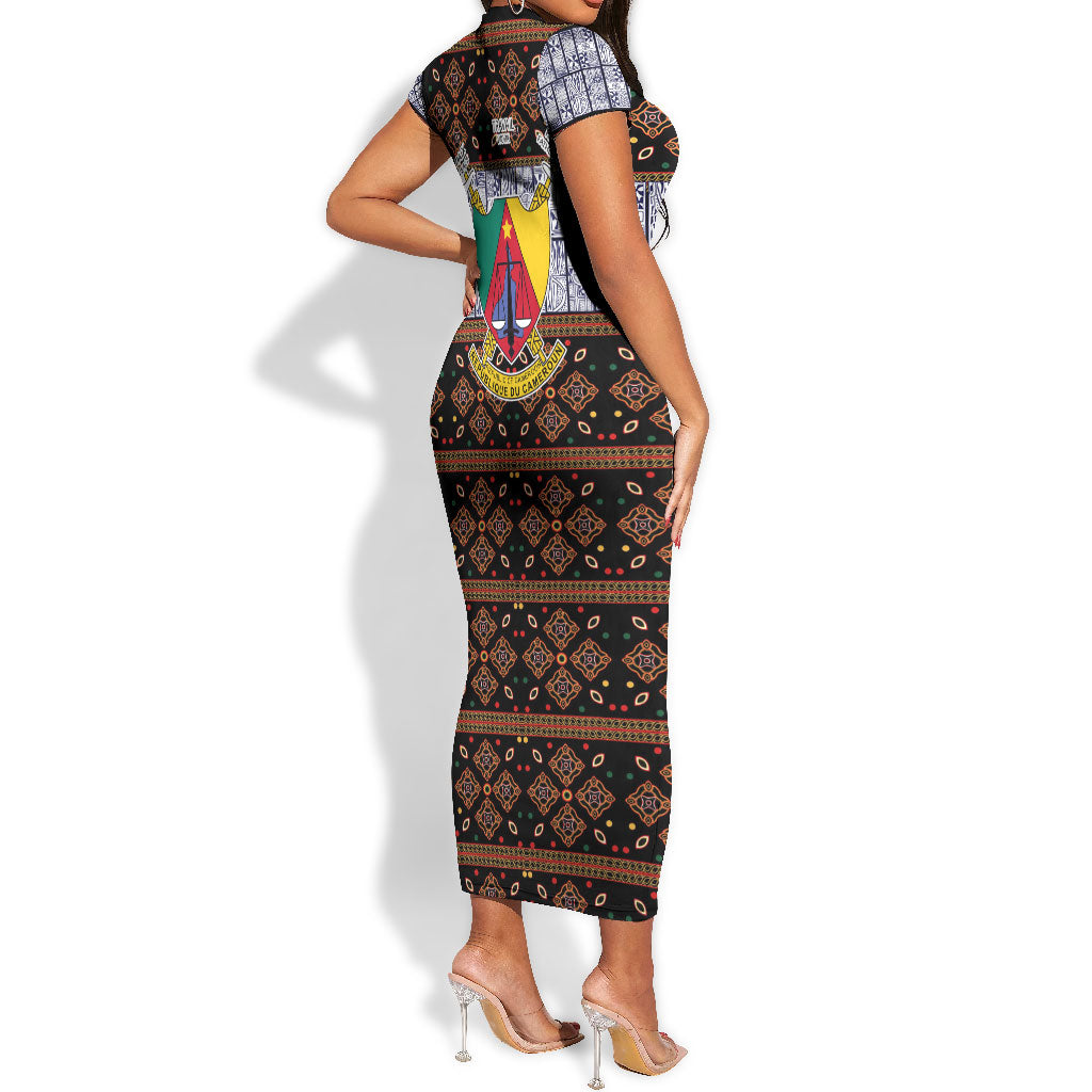 Cameroon Toghu Short Sleeve Bodycon Dress Flag Coat Of Arms - Traditional Bamenda Art