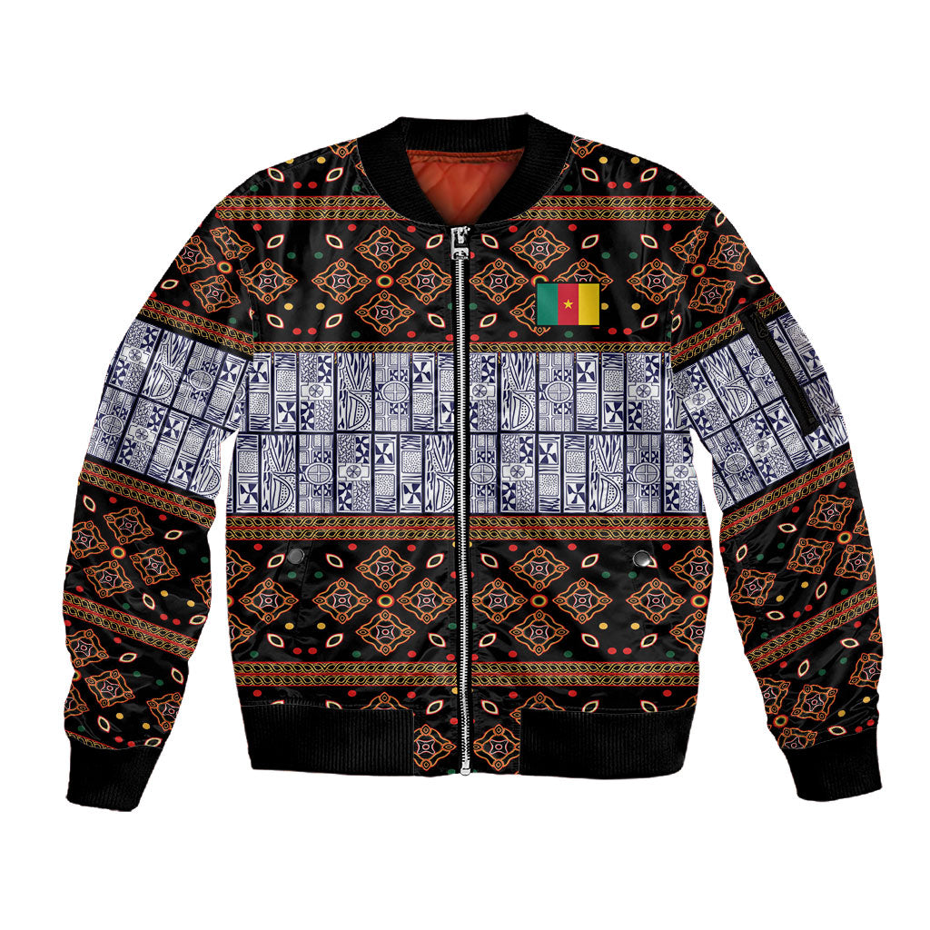 Cameroon Toghu Sleeve Zip Bomber Jacket Flag Coat Of Arms - Traditional Bamenda Art