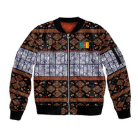 Cameroon Toghu Sleeve Zip Bomber Jacket Flag Coat Of Arms - Traditional Bamenda Art