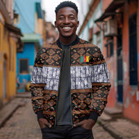 Cameroon Toghu Sleeve Zip Bomber Jacket Flag Coat Of Arms - Traditional Bamenda Art