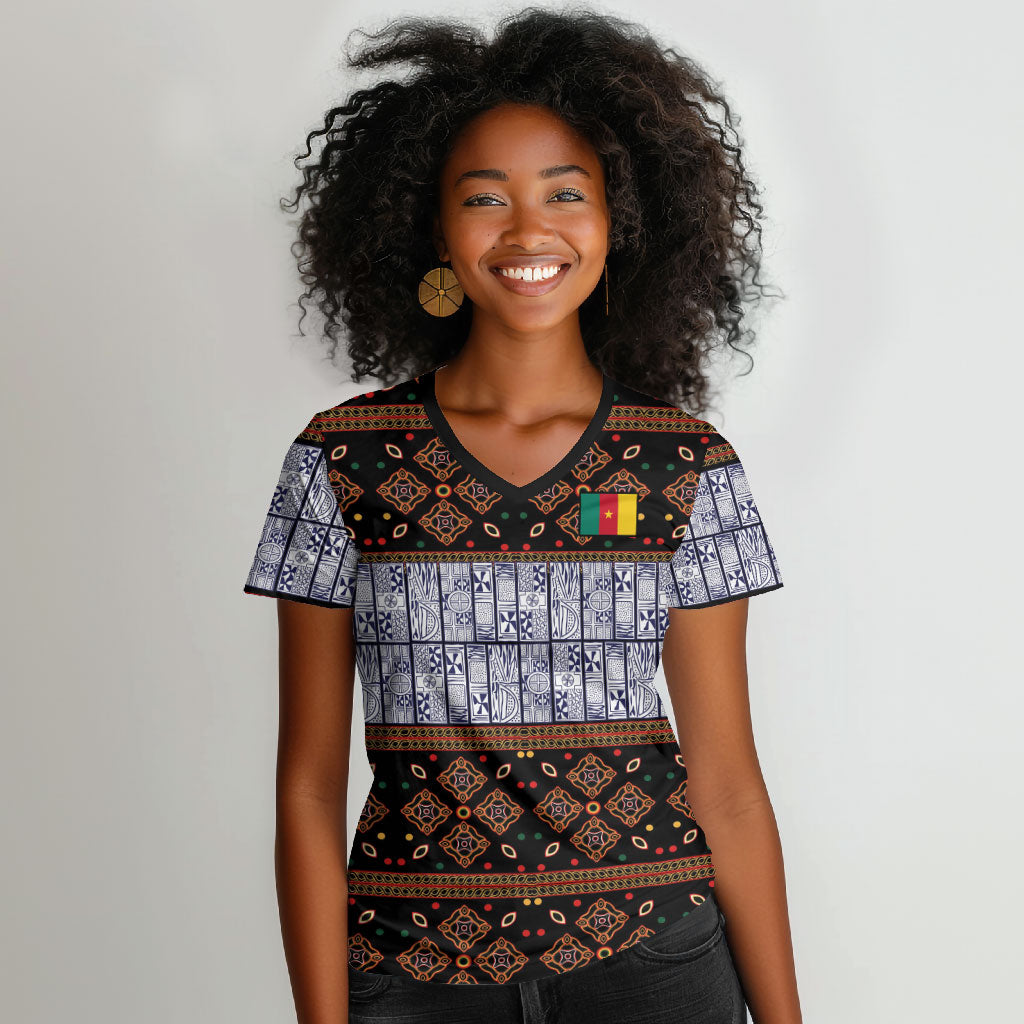 Cameroon Toghu Women V-Neck T-Shirt Flag Coat Of Arms - Traditional Bamenda Art