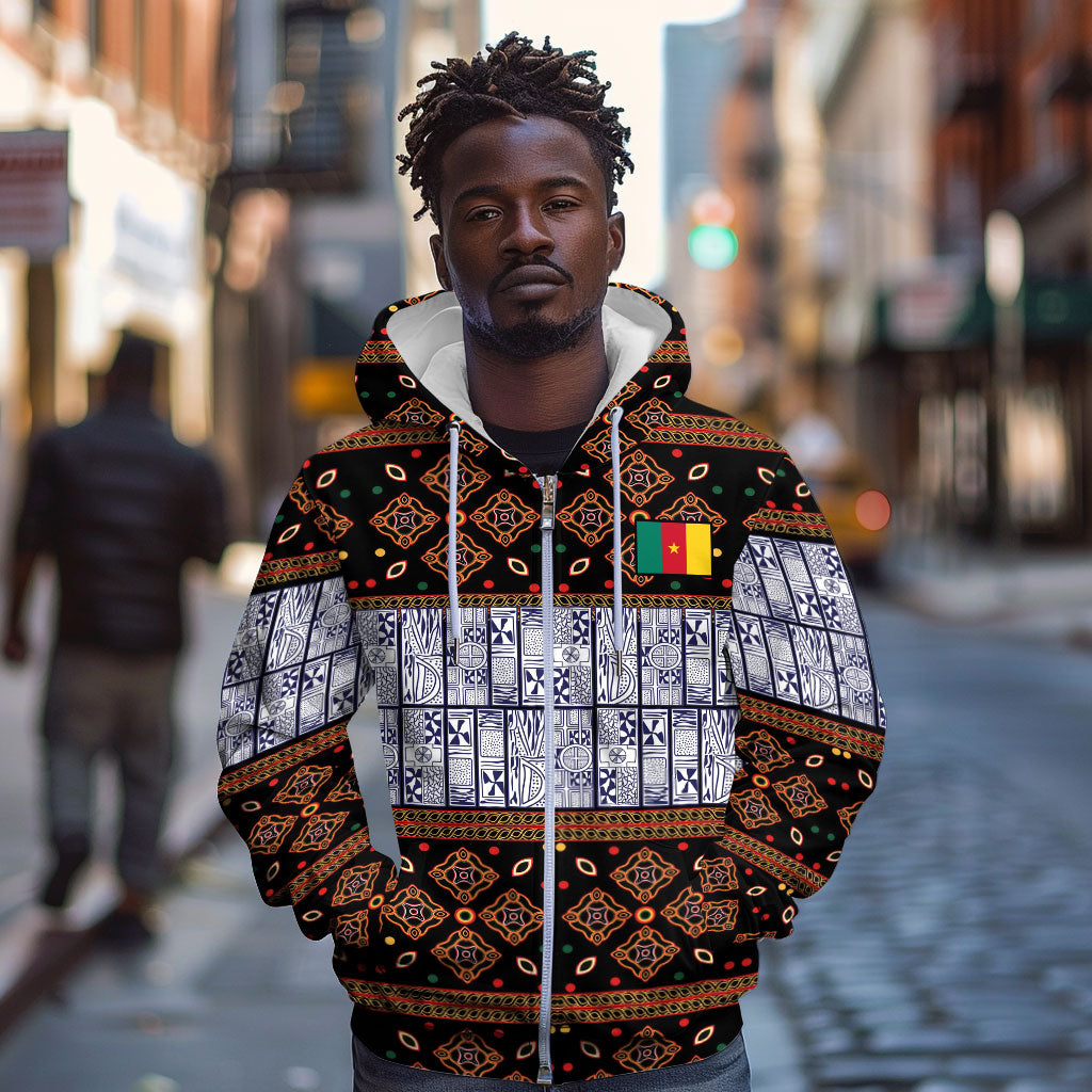 Cameroon Toghu Zip Hoodie Flag Coat Of Arms - Traditional Bamenda Art