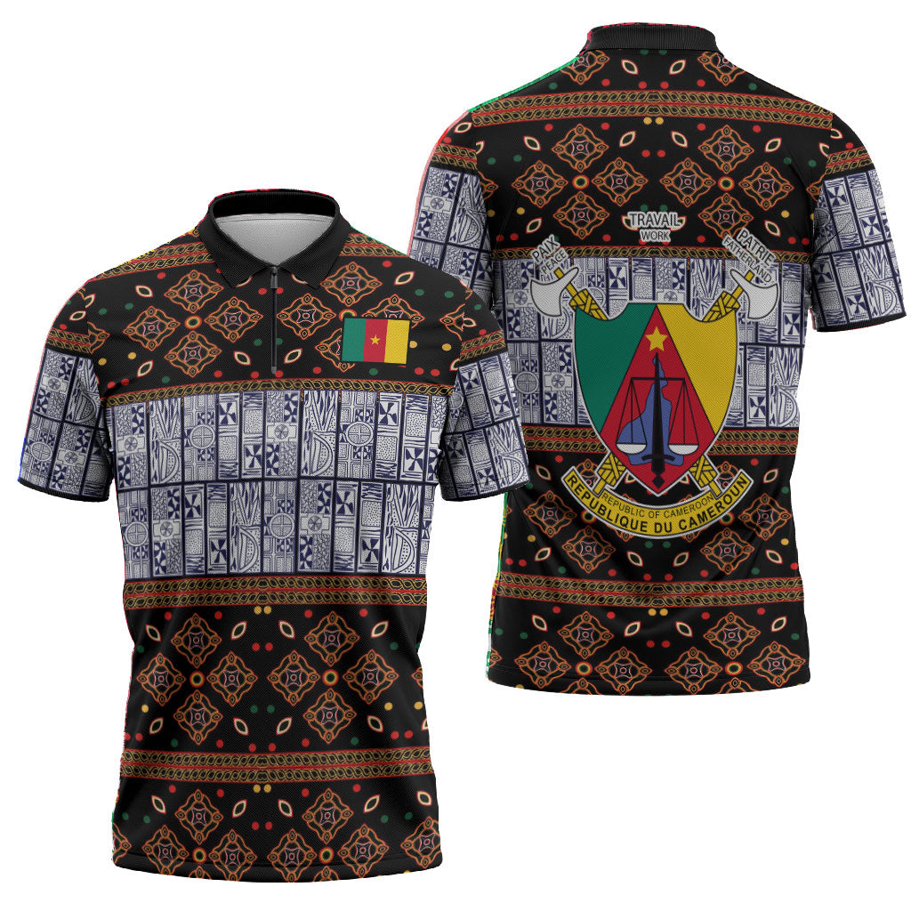 Cameroon Toghu Zipper Polo Shirt Flag Coat Of Arms - Traditional Bamenda Art