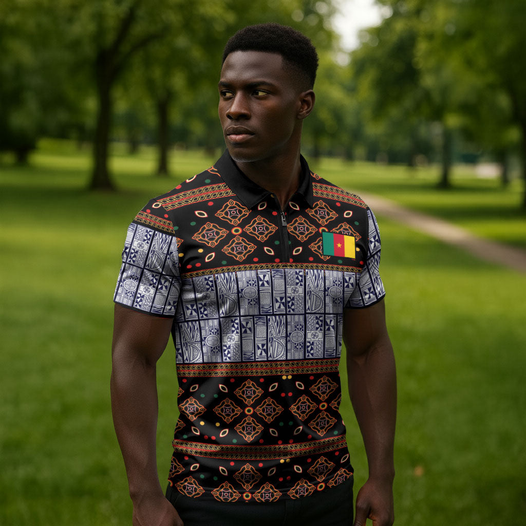 Cameroon Toghu Zipper Polo Shirt Flag Coat Of Arms - Traditional Bamenda Art