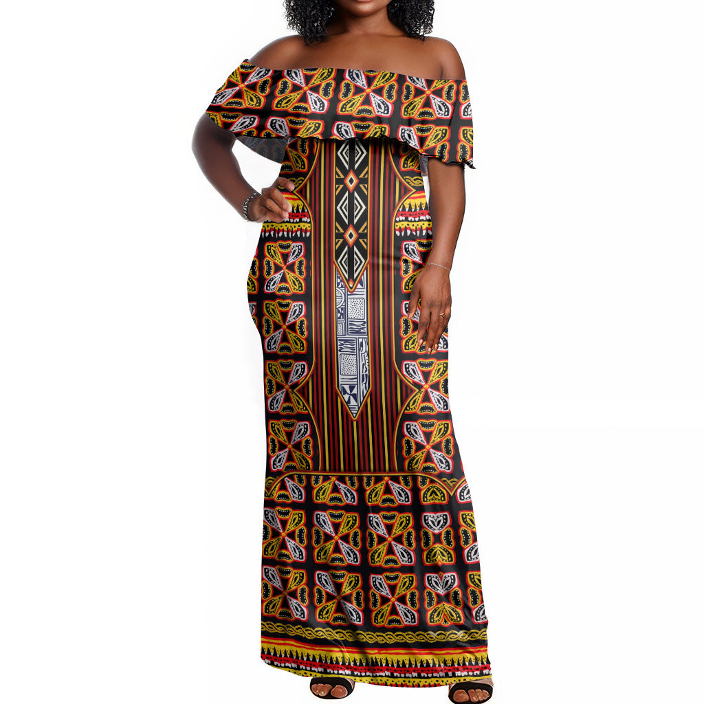 Cameroon Toghu Off Shoulder Maxi Dress Vibrant Bamenda Tribal - Authentic African Folk Art
