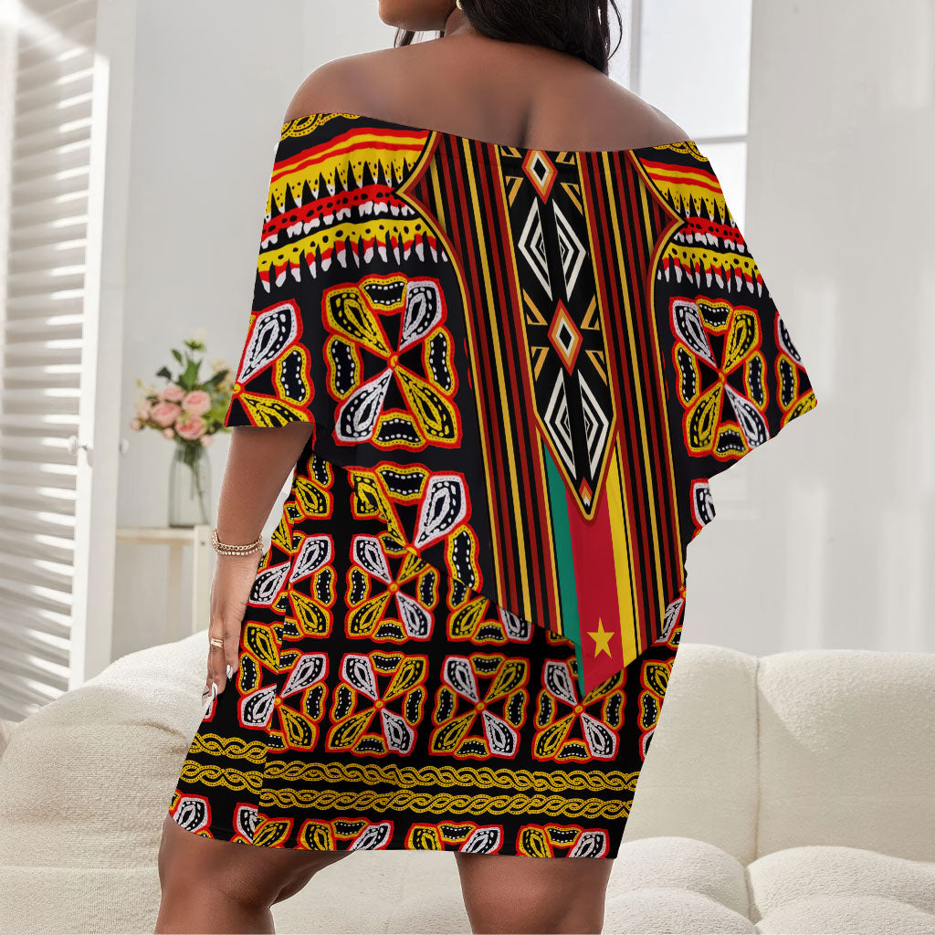 Cameroon Toghu Off Shoulder Short Dress Vibrant Bamenda Tribal - Authentic African Folk Art