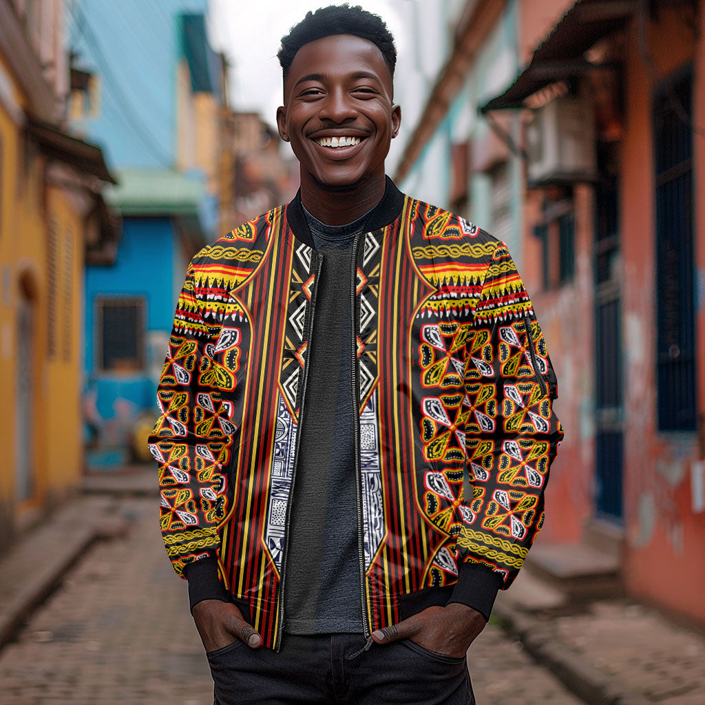 Cameroon Toghu Sleeve Zip Bomber Jacket Vibrant Bamenda Tribal - Authentic African Folk Art