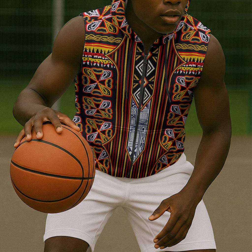 Cameroon Toghu Sleeveless Zip Hoodie Vibrant Bamenda Tribal - Authentic African Folk Art