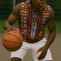 Cameroon Toghu Sleeveless Zip Hoodie Vibrant Bamenda Tribal - Authentic African Folk Art