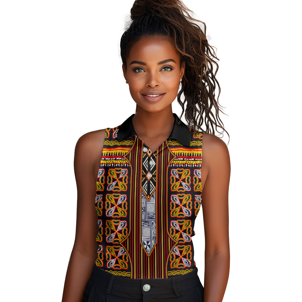 Cameroon Toghu Women Sleeveless Polo Shirt Vibrant Bamenda Tribal - Authentic African Folk Art