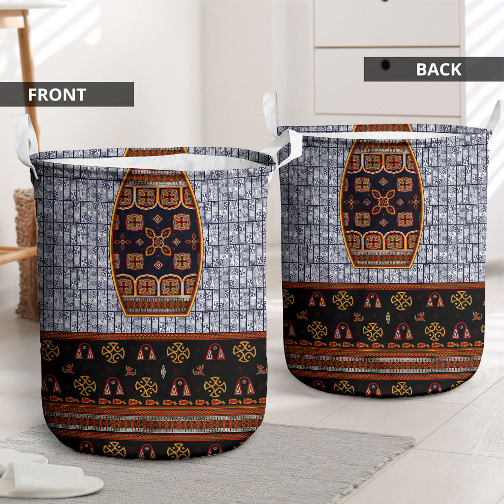 Cameroon Toghu Ethnic Heritage Laundry Basket Traditional Bamenda Embroidery Style - African Tribal Motifs