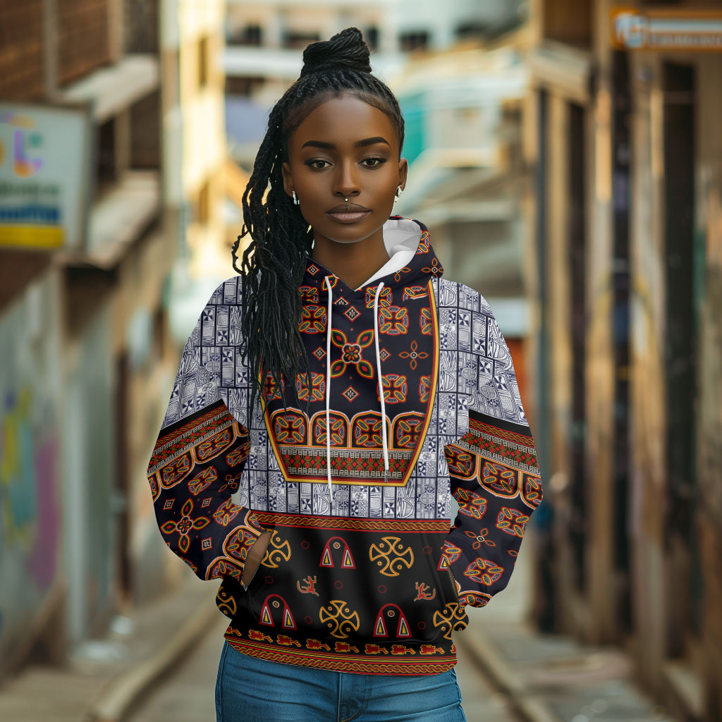 Cameroon Toghu Ethnic Heritage Hoodie Traditional Bamenda Embroidery Style - African Tribal Motifs