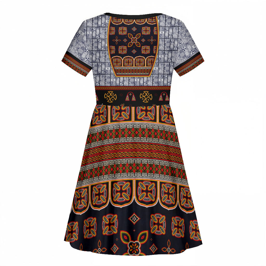 Cameroon Toghu Ethnic Heritage Kid Short Sleeve Dress Traditional Bamenda Embroidery Style - African Tribal Motifs