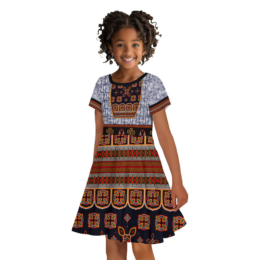 Cameroon Toghu Ethnic Heritage Kid Short Sleeve Dress Traditional Bamenda Embroidery Style - African Tribal Motifs