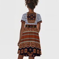 Cameroon Toghu Ethnic Heritage Kid Short Sleeve Dress Traditional Bamenda Embroidery Style - African Tribal Motifs