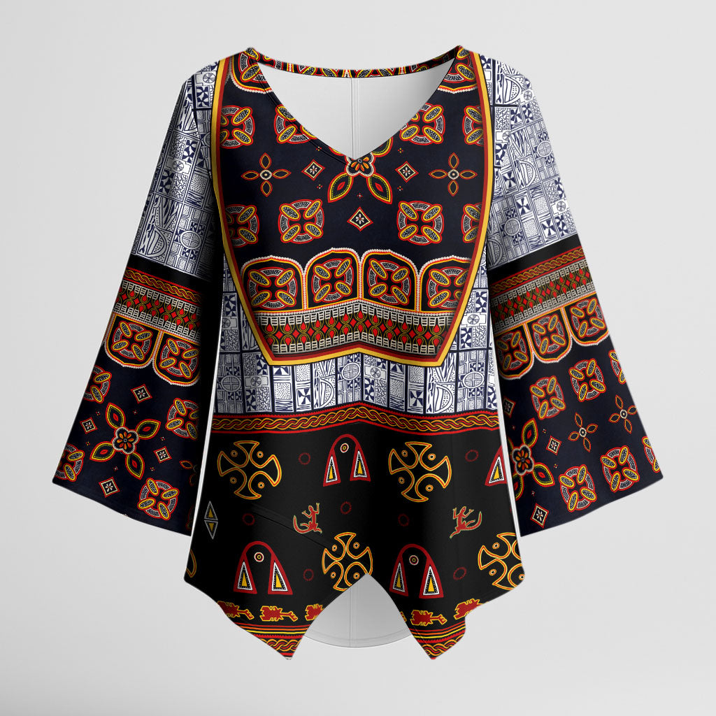 Cameroon Toghu Ethnic Heritage Kimono Sleeve Blouse Traditional Bamenda Embroidery Style - African Tribal Motifs