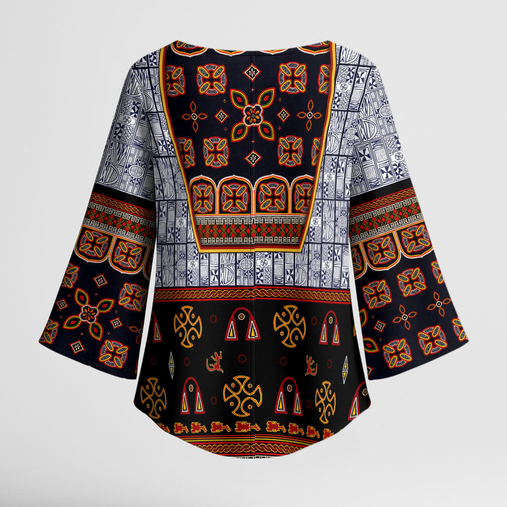 Cameroon Toghu Ethnic Heritage Kimono Sleeve Blouse Traditional Bamenda Embroidery Style - African Tribal Motifs