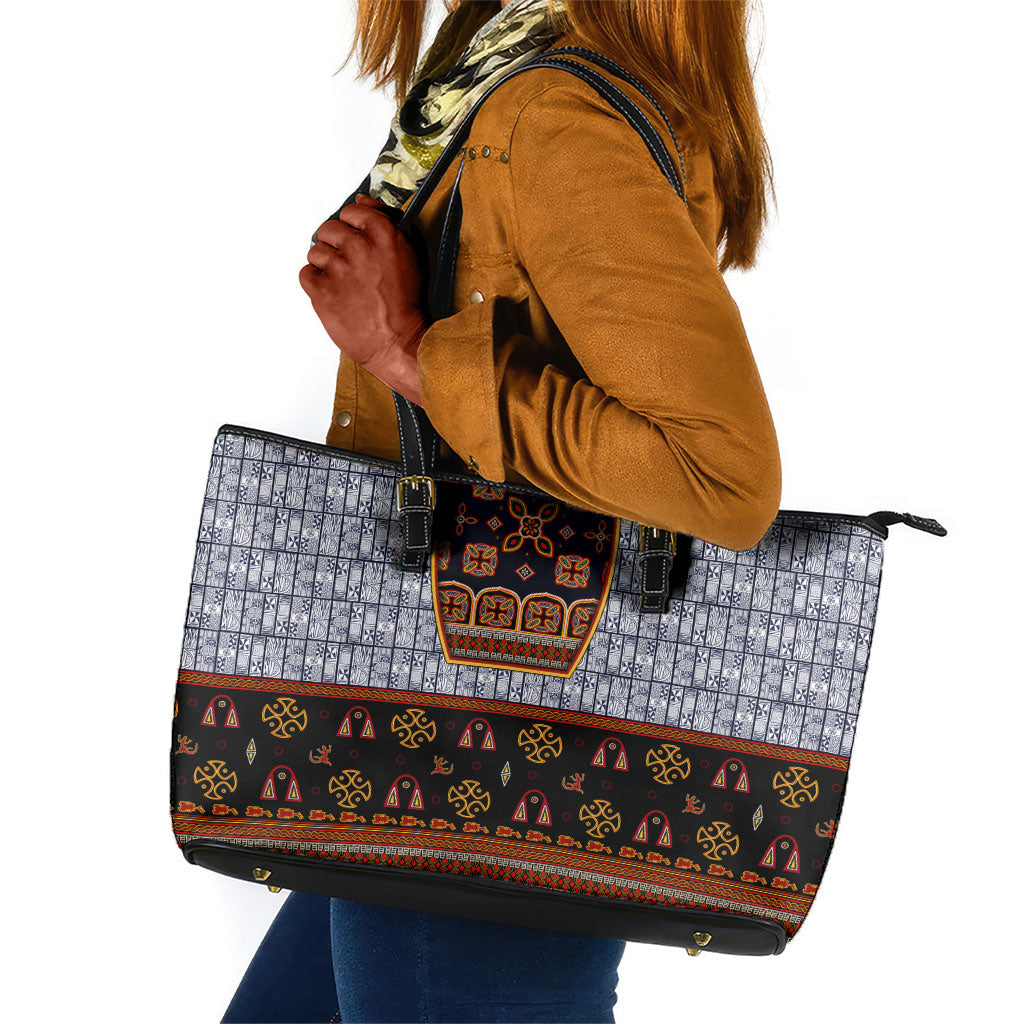 Cameroon Toghu Ethnic Heritage Leather Tote Bag Traditional Bamenda Embroidery Style - African Tribal Motifs