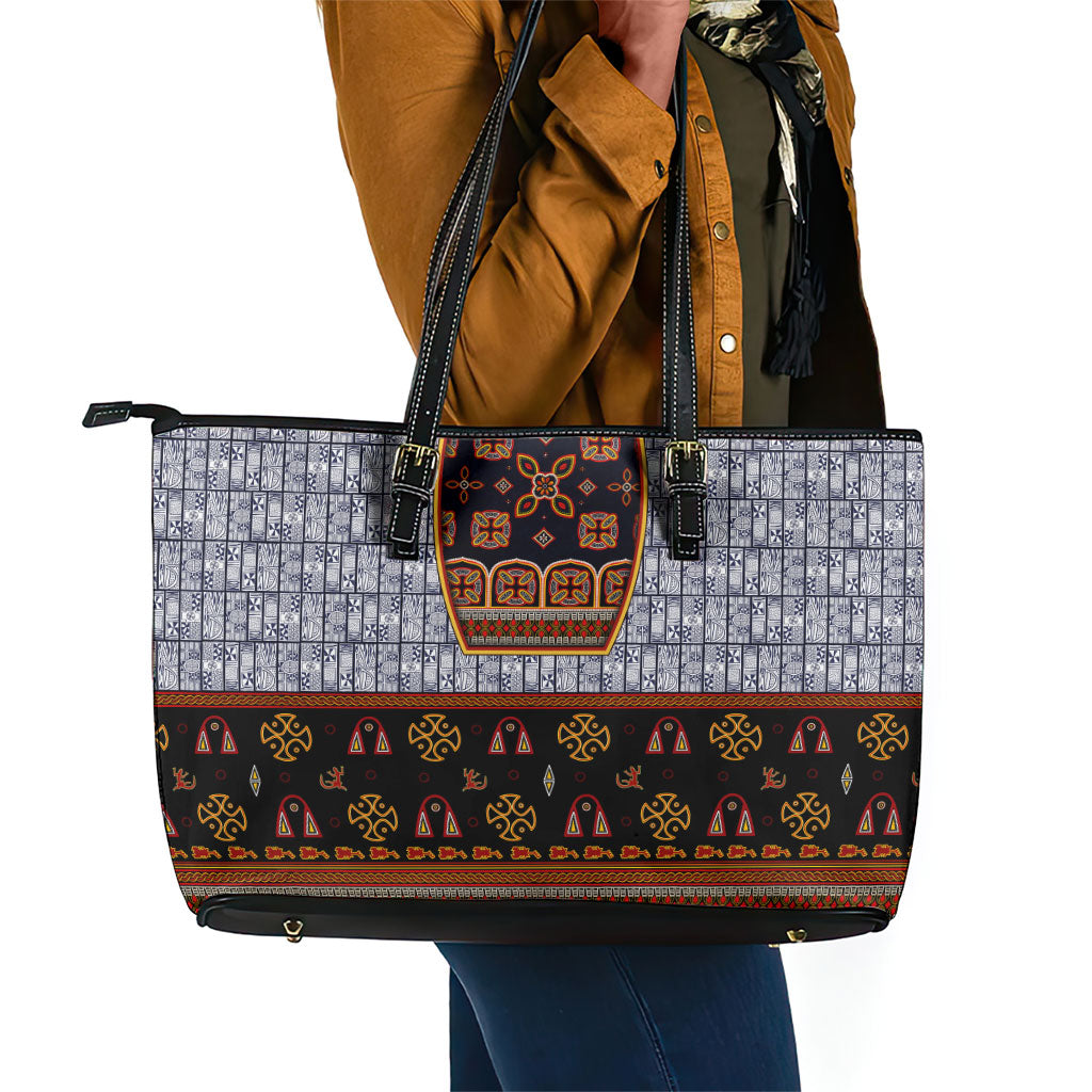 Cameroon Toghu Ethnic Heritage Leather Tote Bag Traditional Bamenda Embroidery Style - African Tribal Motifs