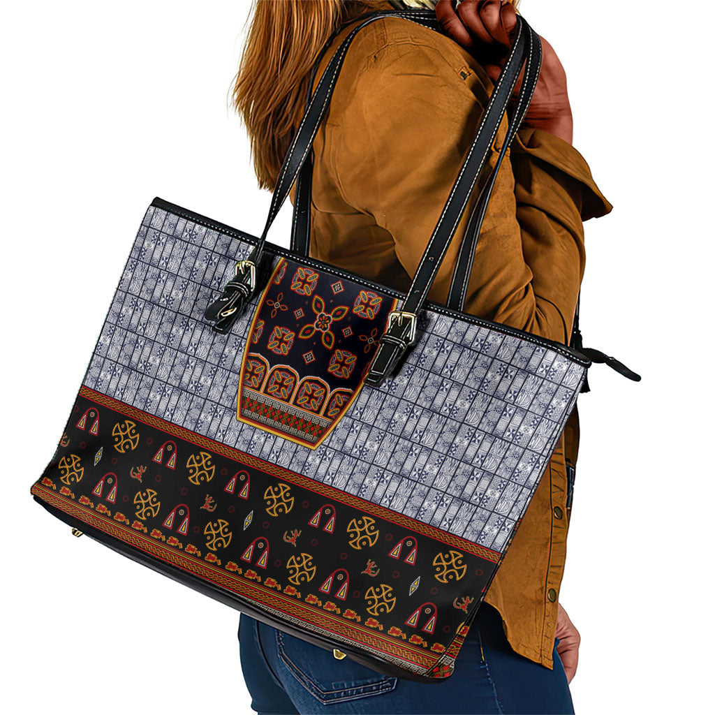 Cameroon Toghu Ethnic Heritage Leather Tote Bag Traditional Bamenda Embroidery Style - African Tribal Motifs