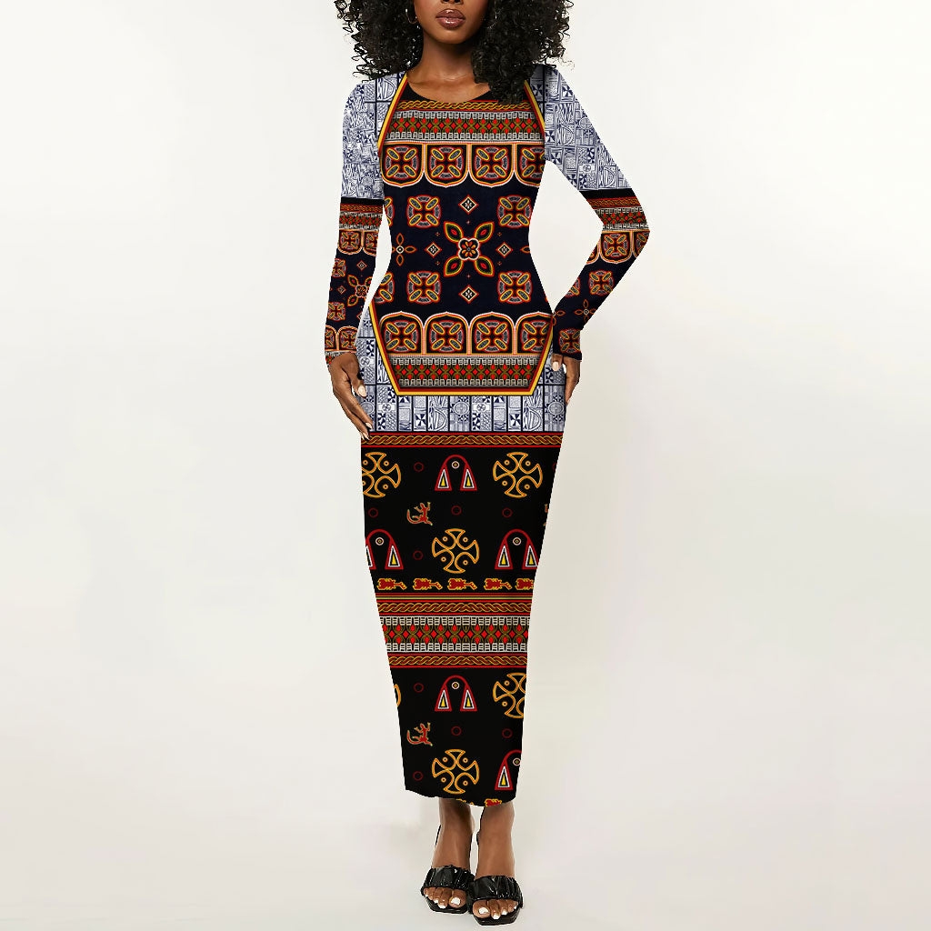 Cameroon Toghu Ethnic Heritage Long Sleeve Bodycon Dress Traditional Bamenda Embroidery Style - African Tribal Motifs