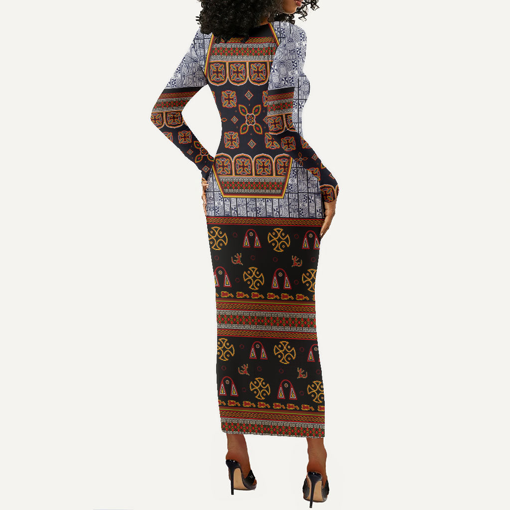 Cameroon Toghu Ethnic Heritage Long Sleeve Bodycon Dress Traditional Bamenda Embroidery Style - African Tribal Motifs