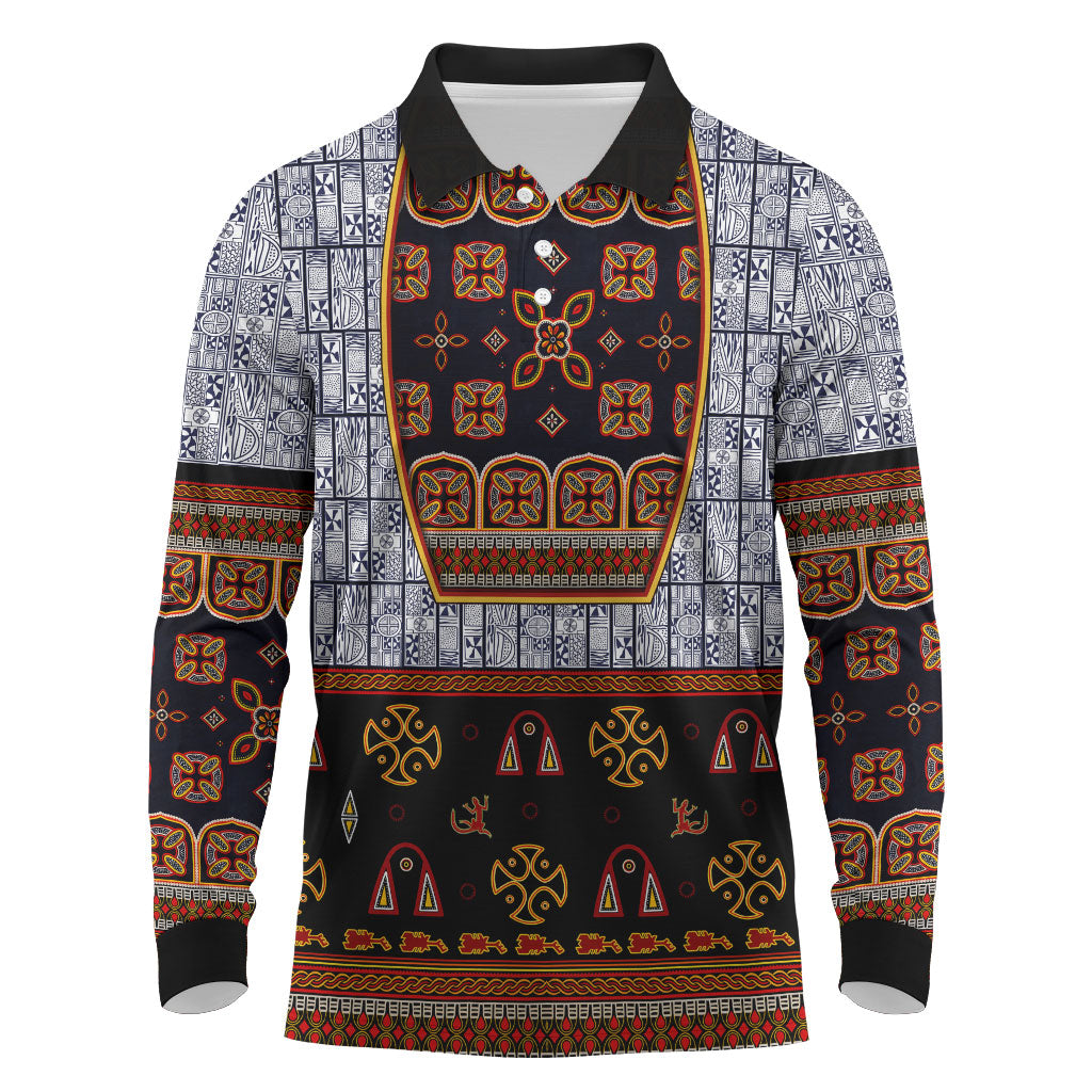 Cameroon Toghu Ethnic Heritage Long Sleeve Polo Shirt Traditional Bamenda Embroidery Style - African Tribal Motifs
