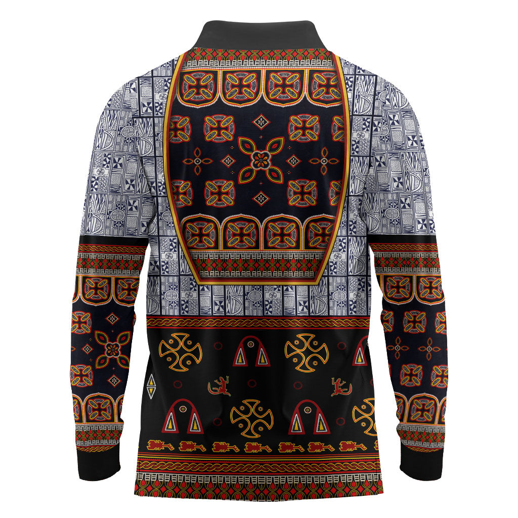 Cameroon Toghu Ethnic Heritage Long Sleeve Polo Shirt Traditional Bamenda Embroidery Style - African Tribal Motifs