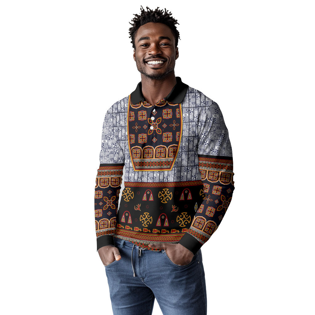 Cameroon Toghu Ethnic Heritage Long Sleeve Polo Shirt Traditional Bamenda Embroidery Style - African Tribal Motifs