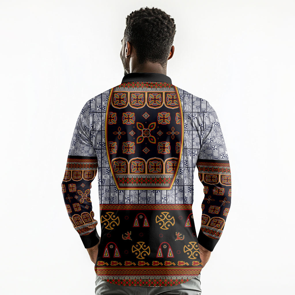 Cameroon Toghu Ethnic Heritage Long Sleeve Polo Shirt Traditional Bamenda Embroidery Style - African Tribal Motifs