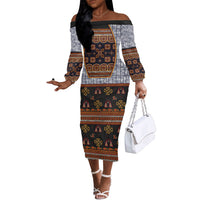 Cameroon Toghu Ethnic Heritage Off The Shoulder Long Sleeve Dress Traditional Bamenda Embroidery Style - African Tribal Motifs