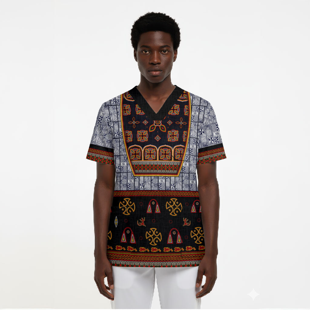 Cameroon Toghu Ethnic Heritage Scrub Top Traditional Bamenda Embroidery Style - African Tribal Motifs