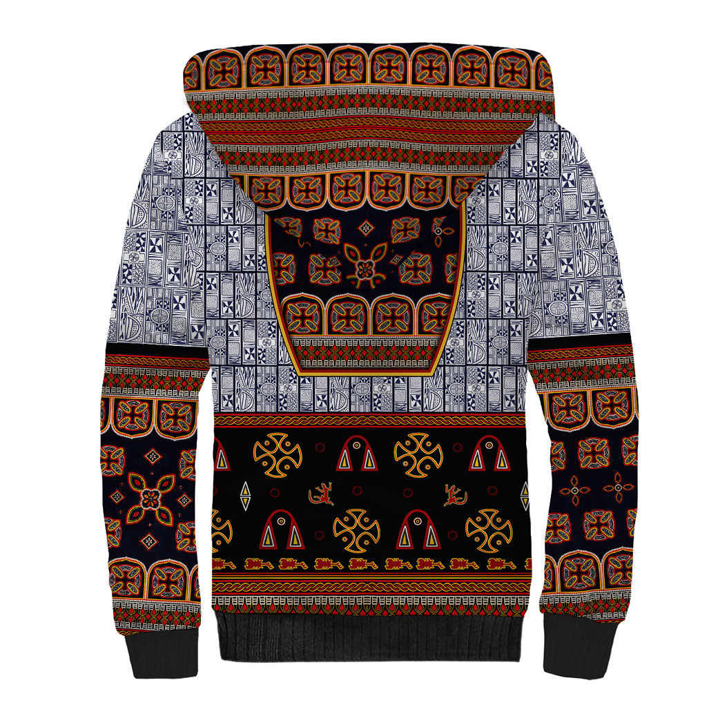 Cameroon Toghu Ethnic Heritage Sherpa Hoodie Traditional Bamenda Embroidery Style - African Tribal Motifs