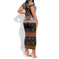 Cameroon Toghu Ethnic Heritage Short Sleeve Bodycon Dress Traditional Bamenda Embroidery Style - African Tribal Motifs