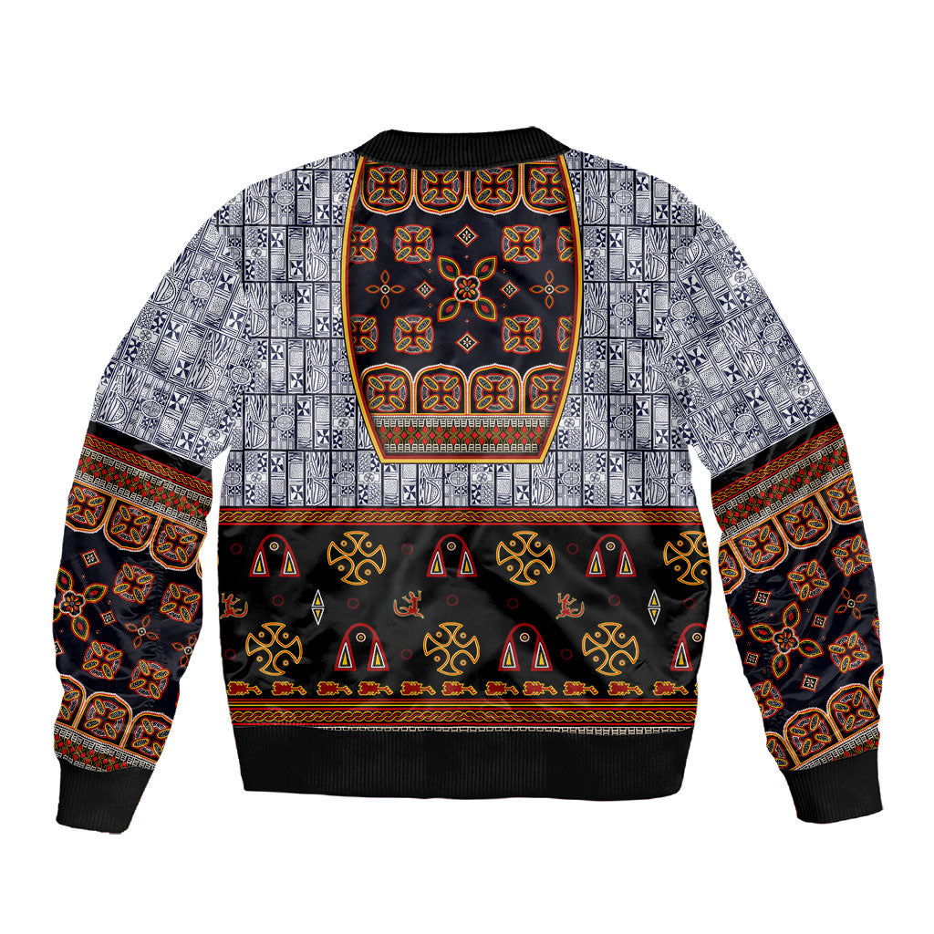 Cameroon Toghu Ethnic Heritage Sleeve Zip Bomber Jacket Traditional Bamenda Embroidery Style - African Tribal Motifs