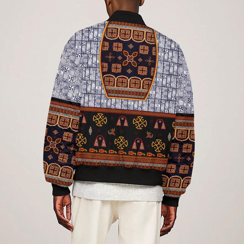Cameroon Toghu Ethnic Heritage Sleeve Zip Bomber Jacket Traditional Bamenda Embroidery Style - African Tribal Motifs
