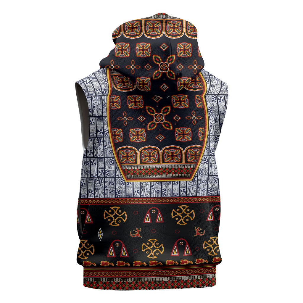 Cameroon Toghu Ethnic Heritage Sleeveless Zip Hoodie Traditional Bamenda Embroidery Style - African Tribal Motifs