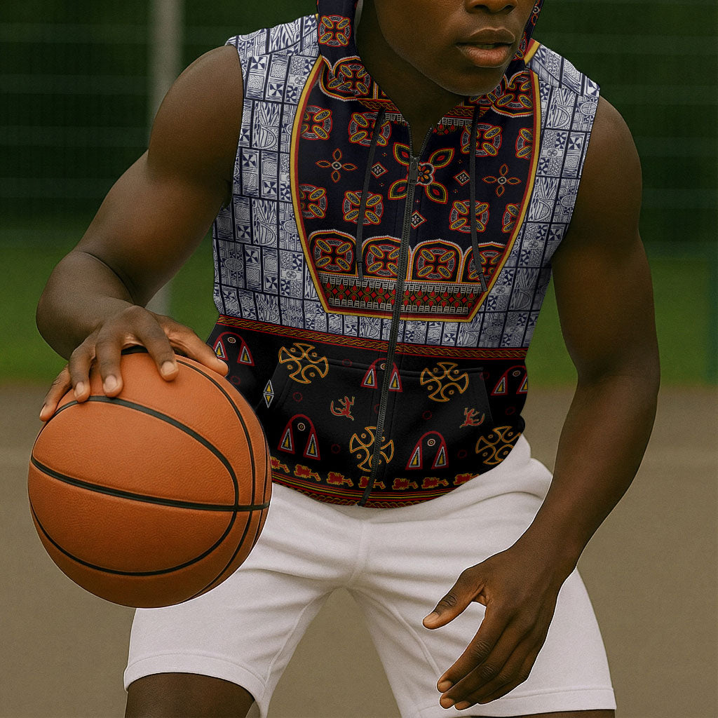 Cameroon Toghu Ethnic Heritage Sleeveless Zip Hoodie Traditional Bamenda Embroidery Style - African Tribal Motifs