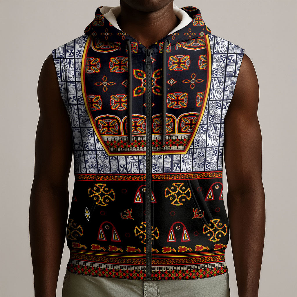 Cameroon Toghu Ethnic Heritage Sleeveless Zip Hoodie Traditional Bamenda Embroidery Style - African Tribal Motifs