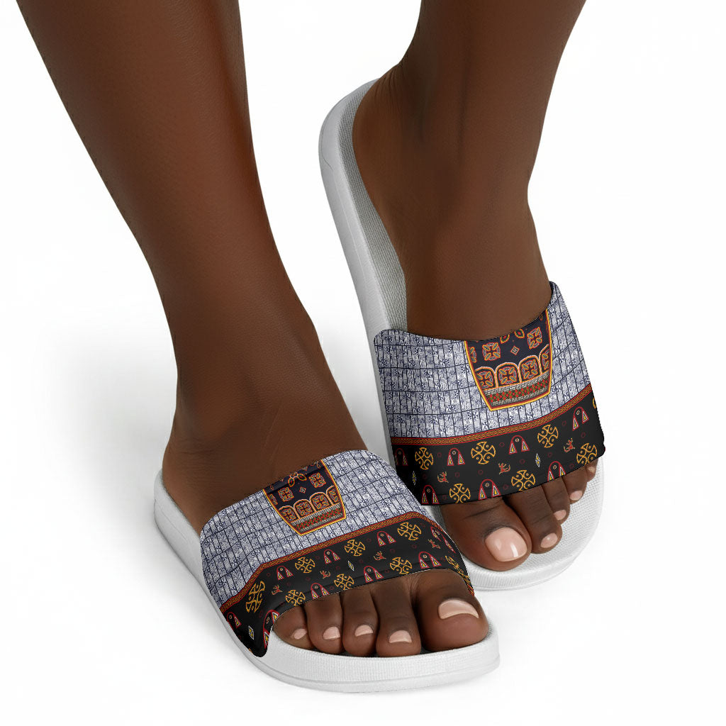 Cameroon Toghu Ethnic Heritage Slide Sandals Traditional Bamenda Embroidery Style - African Tribal Motifs