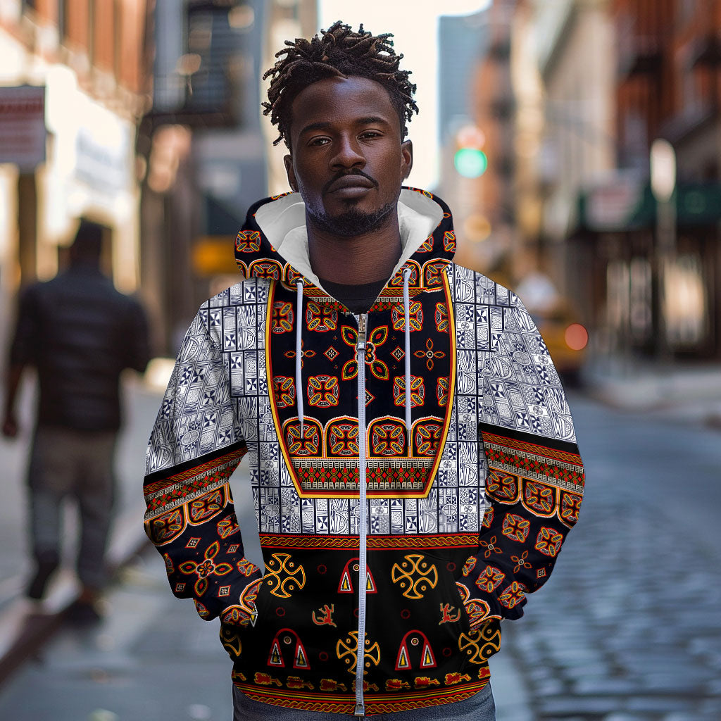 Cameroon Toghu Ethnic Heritage Zip Hoodie Traditional Bamenda Embroidery Style - African Tribal Motifs