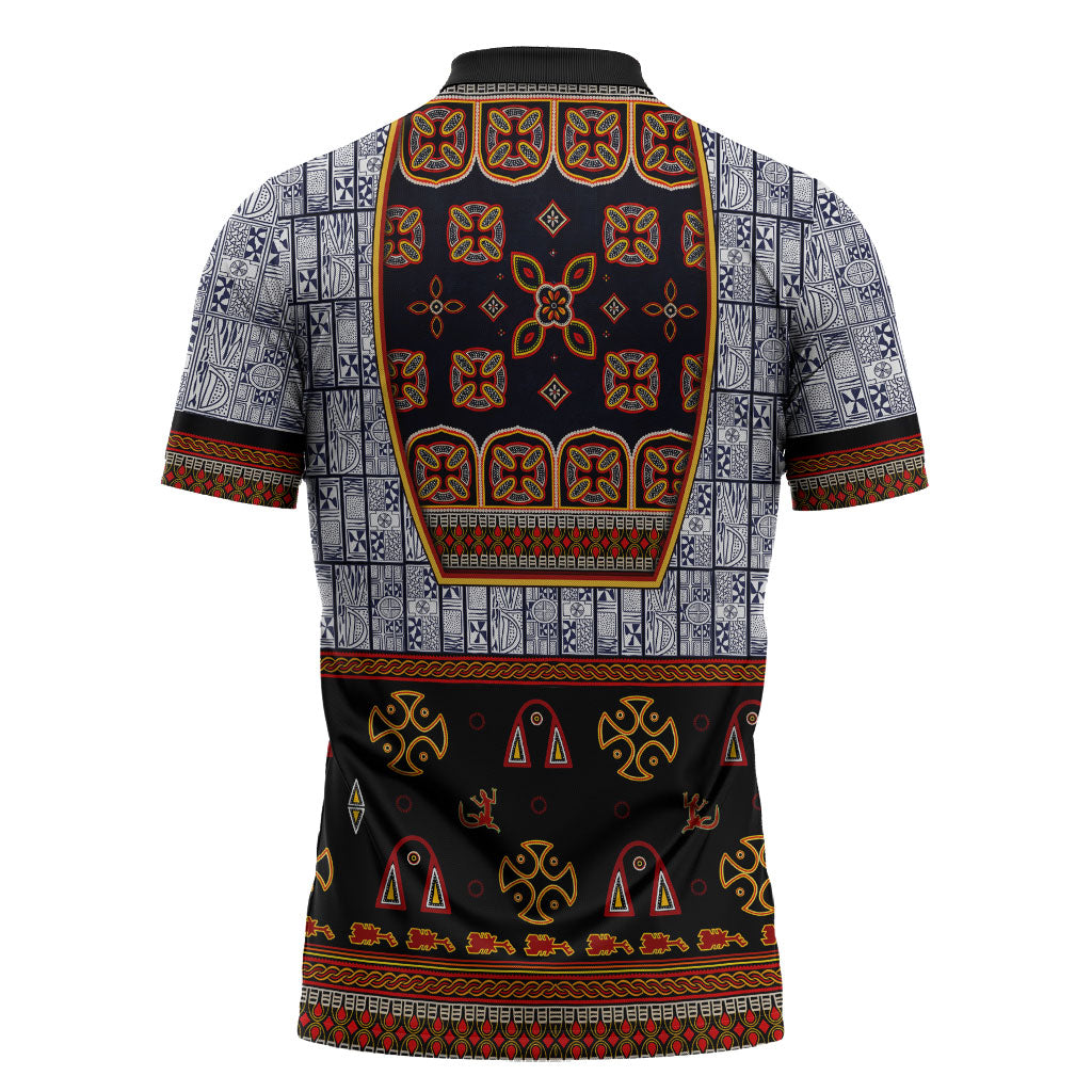 Cameroon Toghu Ethnic Heritage Zipper Polo Shirt Traditional Bamenda Embroidery Style - African Tribal Motifs