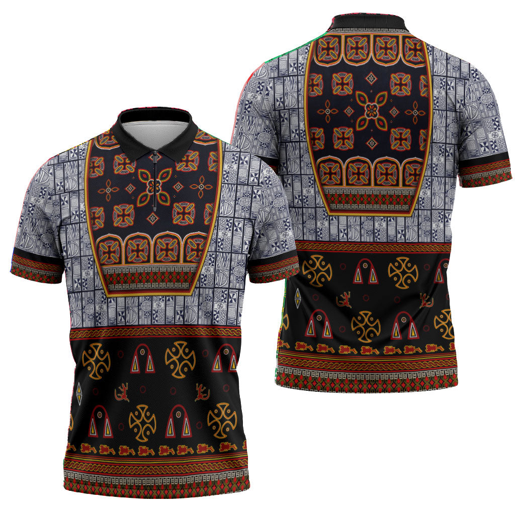 Cameroon Toghu Ethnic Heritage Zipper Polo Shirt Traditional Bamenda Embroidery Style - African Tribal Motifs