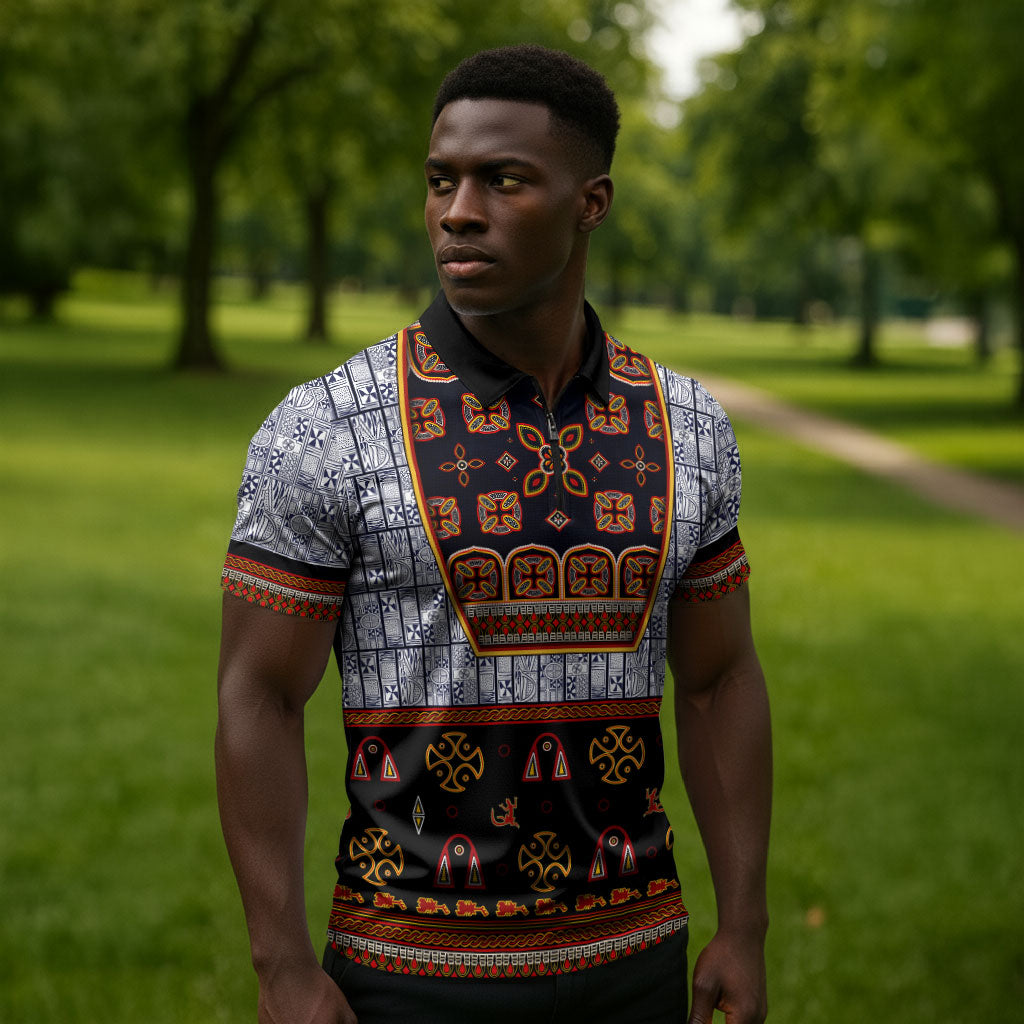 Cameroon Toghu Ethnic Heritage Zipper Polo Shirt Traditional Bamenda Embroidery Style - African Tribal Motifs