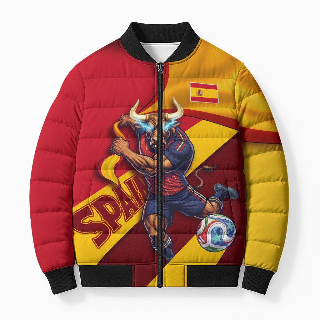 Personalized Spain Football Bomber Puffer Jacket Spanish Soccer Team Flag Bull Mascot