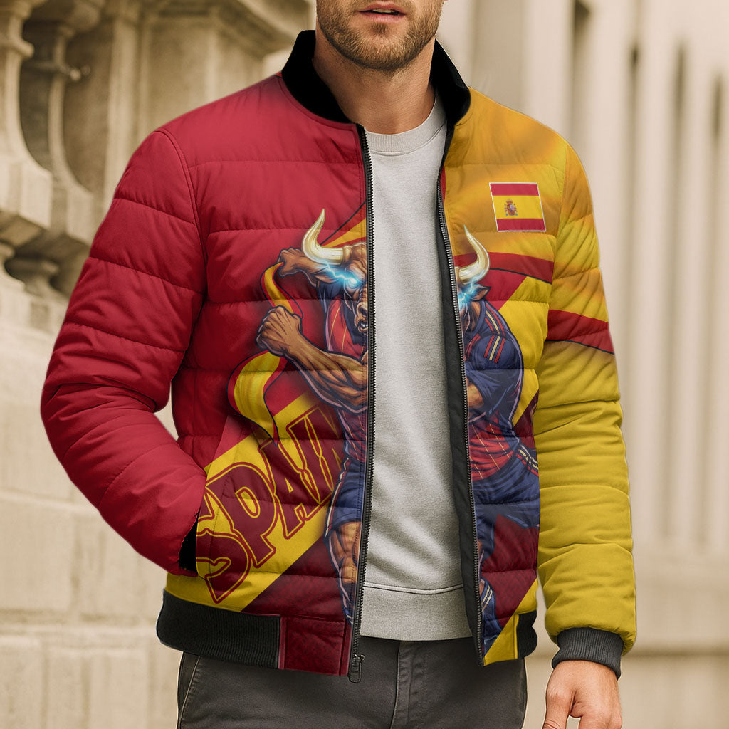 Personalized Spain Football Bomber Puffer Jacket Spanish Soccer Team Flag Bull Mascot