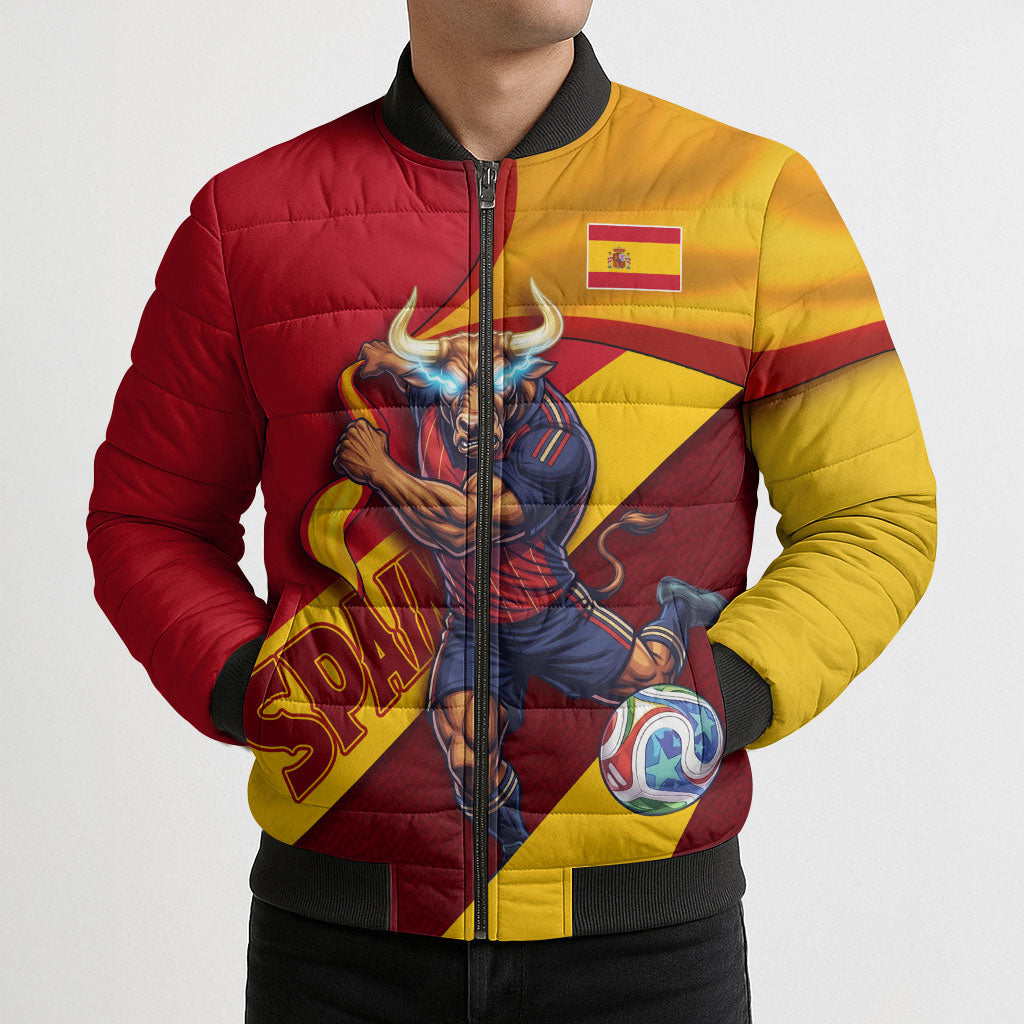 Personalized Spain Football Bomber Puffer Jacket Spanish Soccer Team Flag Bull Mascot